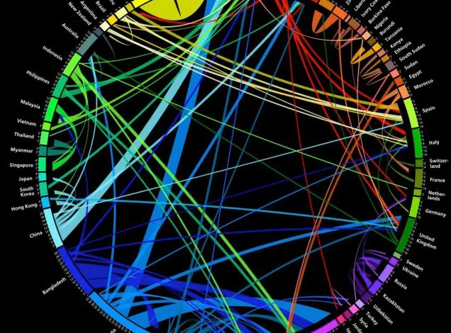 Colorful moving map circle cropped on black background.